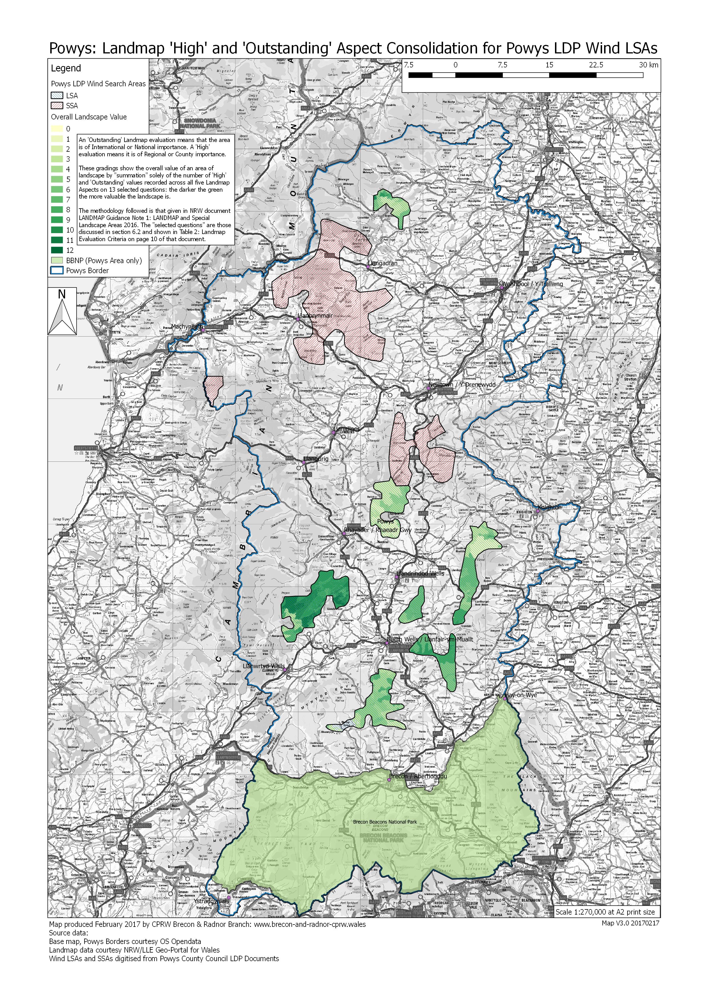 Map 2: Powys LDP Area: Consolidation of LANDMAP ‘High’ & ‘Outstanding’ Aspect areas for the proposed Wind LSAs