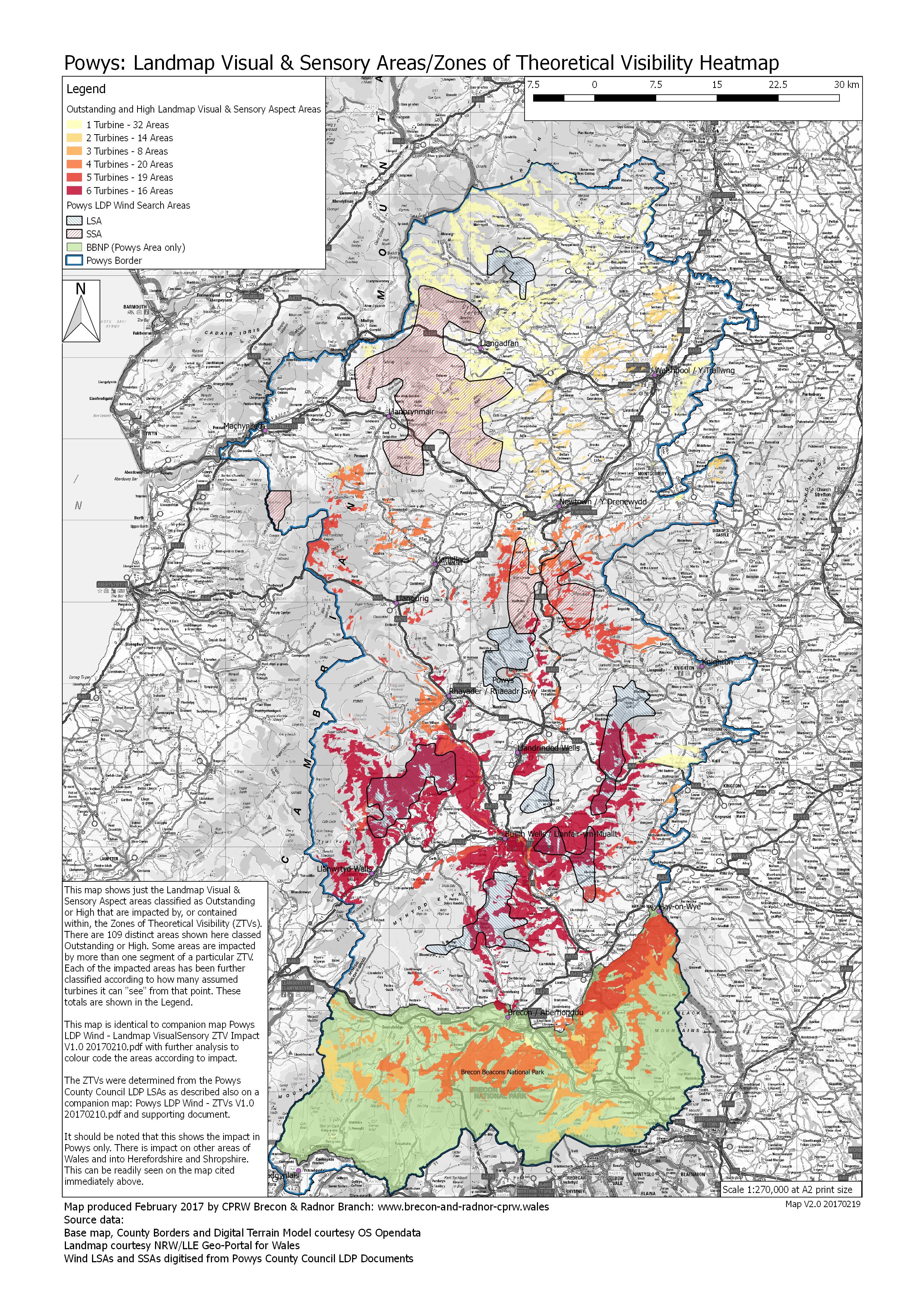 Map 5: Powys LDP Area: LANDMAP Visual & Sensory Areas/Zones of Theoretical Visibility Heatmap