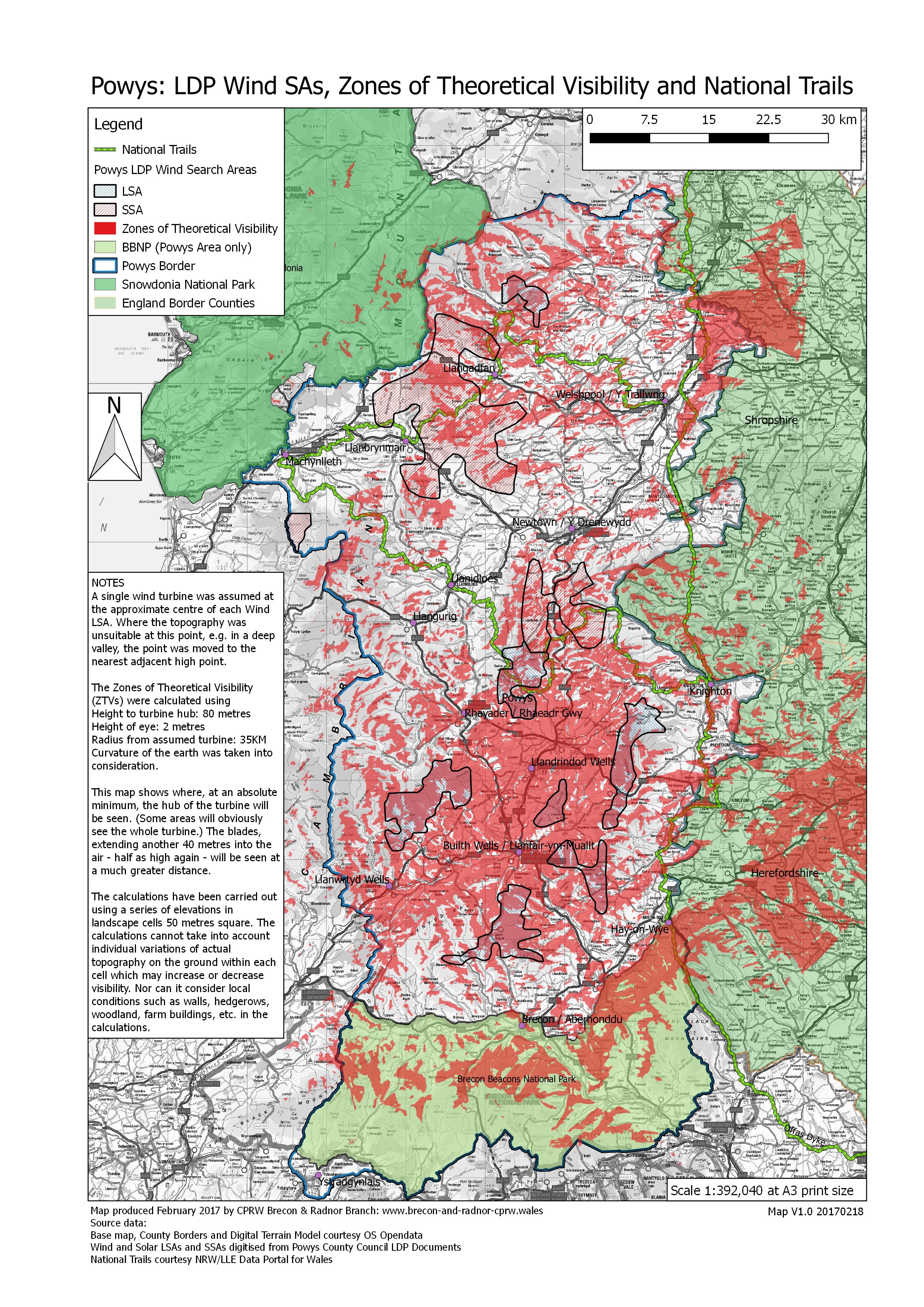 Map 4: Powys LDP Area: Wind SAs, Zones of Theoretical Visibility and National Trails