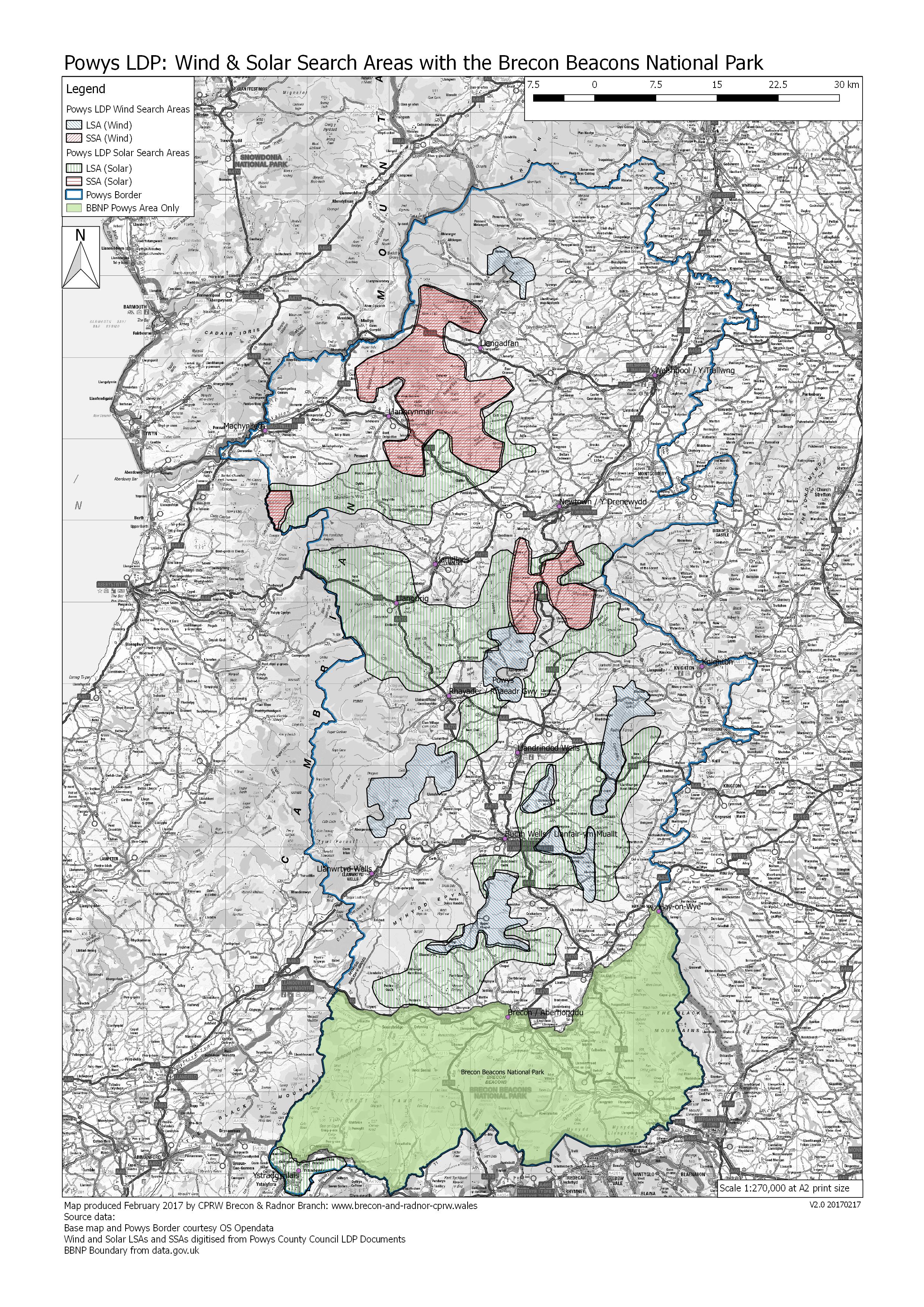 Map 1: Powys LDP area: Proposed Wind & Solar Local Search Areas in relation to the Brecon Beacons National Park